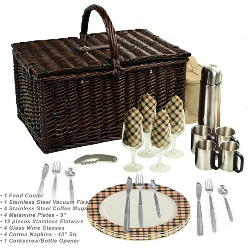  Picnic at Ascot Buckingham Willow Picnic Basket with Service for 4 and Coffee Service - Blue Stripe