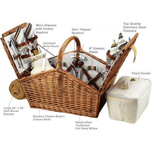  Picnic at Ascot Huntsman English-Style Willow Picnic Basket with Service for 4 and Blanket - Santa Cruz