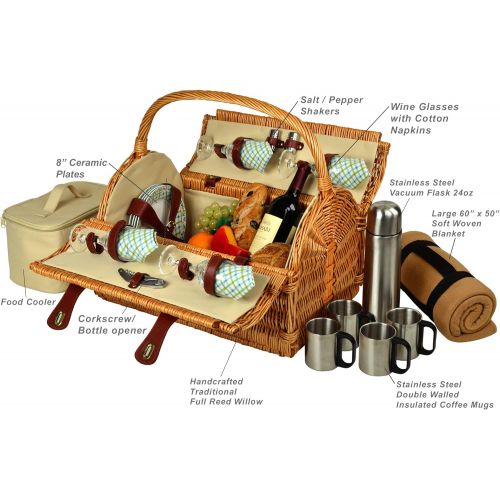  Picnic at Ascot Yorkshire Willow Picnic Basket with Service for 4 with Blanket and Coffee Set