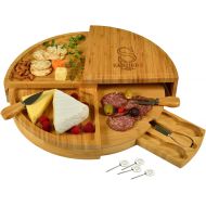 [아마존베스트]Custom Personalized Engraved Bamboo Cheese/Charcuterie Cutting Board with Knives & Cheese Markers - Stores as a Compact Wedge - Opens to 18 Diameter - Designed By Picnic at Ascot U