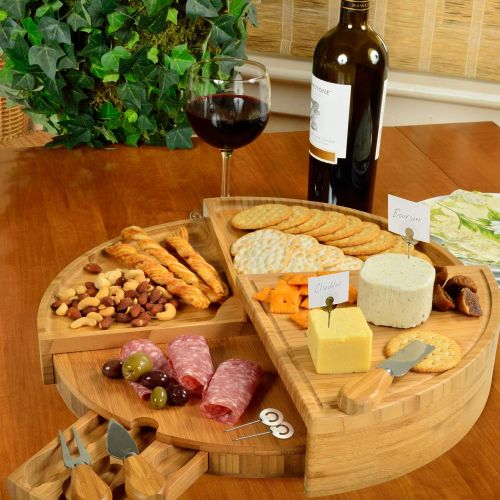  [아마존베스트]Custom Personalized Engraved Bamboo Cheese/Charcuterie Cutting Board with Knives & Cheese Markers - Stores as a Compact Wedge - Opens to 18 Diameter - Designed By Picnic at Ascot U