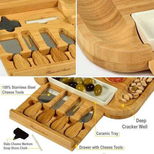  [아마존베스트]Custom Personalized Engraved Bamboo Cutting Board for Cheese & Charcuterie with Ceramic Dish, Knife Set & Cheese Markers -by Picnic at Ascot USA