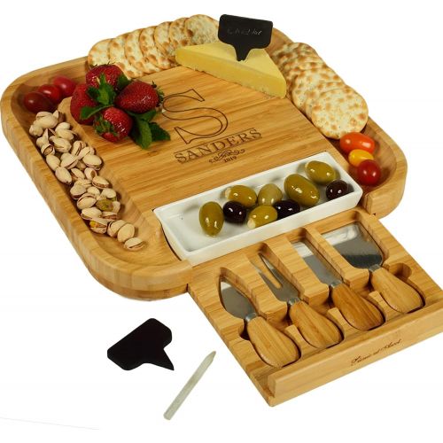  [아마존베스트]Custom Personalized Engraved Bamboo Cutting Board for Cheese & Charcuterie with Ceramic Dish, Knife Set & Cheese Markers -by Picnic at Ascot USA