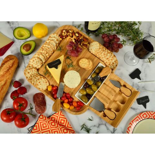  [아마존베스트]Custom Personalized Engraved Bamboo Cutting Board for Cheese & Charcuterie with Ceramic Dish, Knife Set & Cheese Markers -by Picnic at Ascot USA