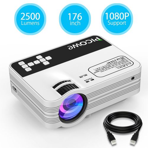  Mini Projector, Picowe Upgraded Version 2500 Lumens Full HD LED Video Projector 1080P Multimedia Home Theater Projector Support HDMI, VGA, USB, AV, SD for Movie, Xbox, PS4, Laptop