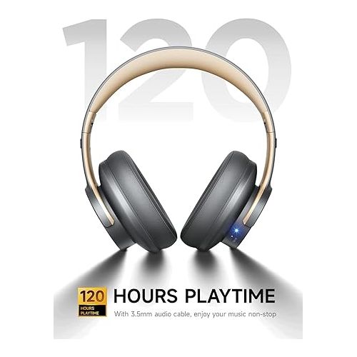 Picun B8 Bluetooth Headphones, 120H Playtime Headphones Wireless Bluetooth with 3 EQ Modes, Low Latency, Hands-Free Calls, Over Ear Headphones for Travel Home Office Cellphone PC (Ashen Golden)