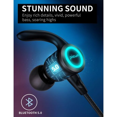  [아마존 핫딜] Picun Wireless Headphones 35 Hours Playtime Neckband Bluetooth Headphones LED Light, HiFi Stereo IPX7 Waterproof Sport Earbuds w/Mic, EQ Bass, Siri, Bluetooth 5.0 Magnetic Running