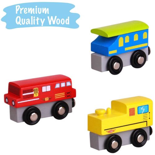  Pidoko Kids Wooden Train Set - 12 Pcs Engines Cars - Compatible with Thomas Train Set Tracks and Major Brands - Perfect Toy for Boys and Girls