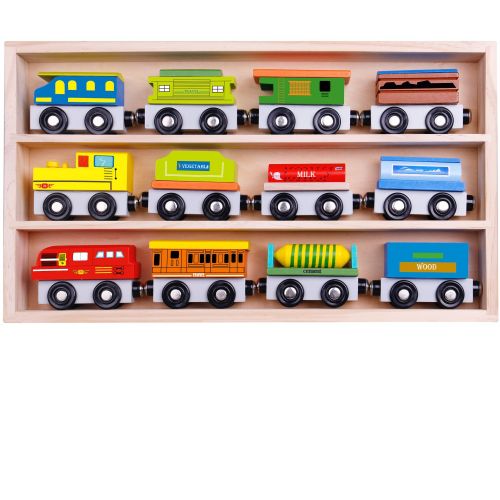 Pidoko Kids Wooden Train Set - 12 Pcs Engines Cars - Compatible with Thomas Train Set Tracks and Major Brands - Perfect Toy for Boys and Girls