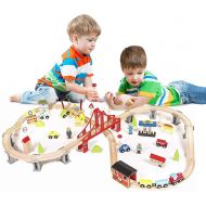 Pidoko Kids Metropolis City Life Super Highway 70 Pieces Wooden Railway Train Set - Compatible with all major brands