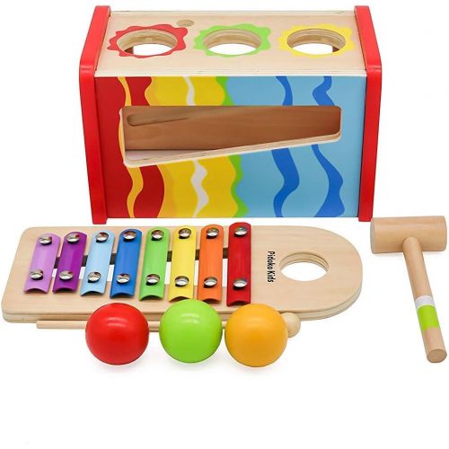  [아마존베스트]Pidoko Kids Pound & Tap Bench with Slide Out Xylophone - Toddlers Musical Pounding and Hammer - Wooden Educational Pound a Ball Toy