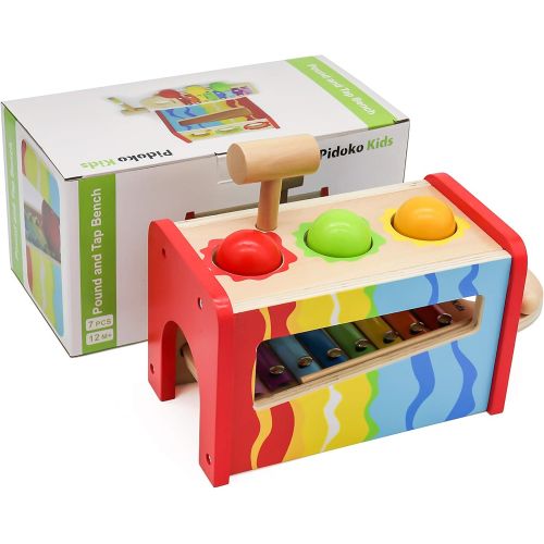  [아마존베스트]Pidoko Kids Pound & Tap Bench with Slide Out Xylophone - Toddlers Musical Pounding and Hammer - Wooden Educational Pound a Ball Toy