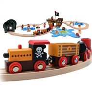 Pidoko Kids Pirate Theme Wooden Train Set - 72 Pcs - Includes Magnet Fishing Poles - Set compatible with all major brand tracks and trains