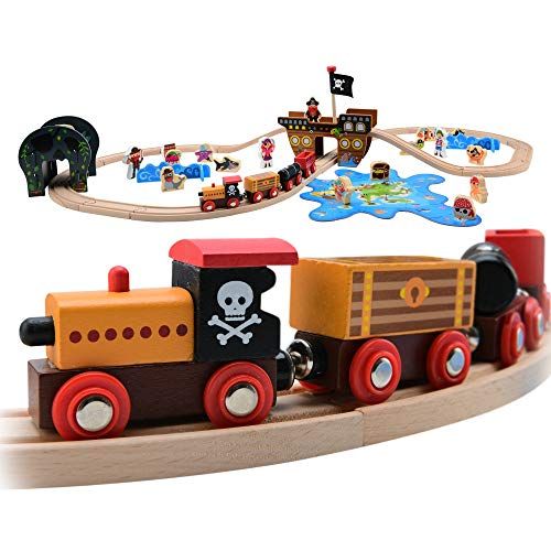  Pidoko Kids Pirate Theme Wooden Train Set - 72 Pcs - Includes Magnet Fishing Poles - Set compatible with all major brand tracks and trains