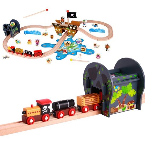  Pidoko Kids Pirate Theme Wooden Train Set - 72 Pcs - Includes Magnet Fishing Poles - Set compatible with all major brand tracks and trains