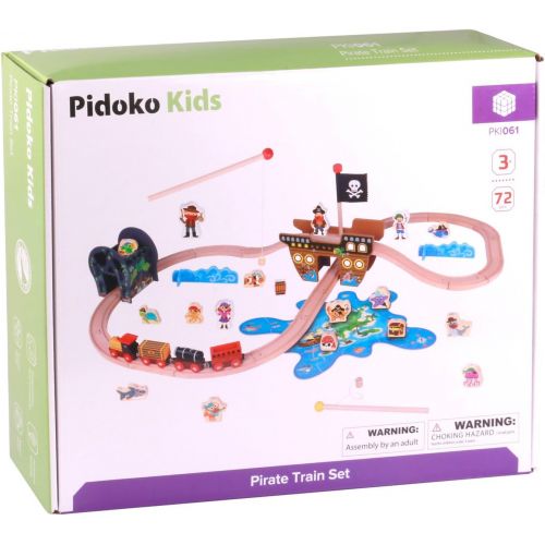  Pidoko Kids Pirate Theme Wooden Train Set - 72 Pcs - Includes Magnet Fishing Poles - Set compatible with all major brand tracks and trains