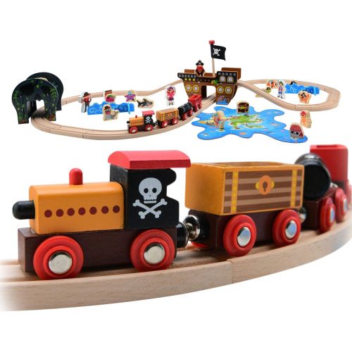  Pidoko Kids Pirate Theme Wooden Train Set - 72 Pcs - Includes Magnet Fishing Poles - Set compatible with all major brand tracks and trains