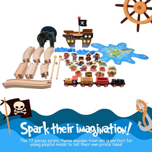  Pidoko Kids Pirate Theme Wooden Train Set - 72 Pcs - Includes Magnet Fishing Poles - Set compatible with all major brand tracks and trains