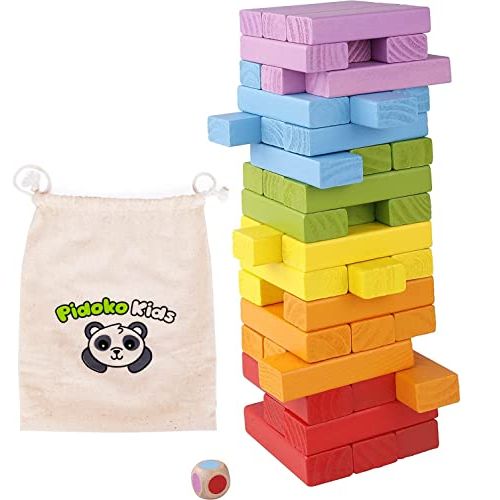  [아마존베스트]Pidoko Kids Wooden Stacking Building Blocks for Kids - Tumbling Blocks Board Games (49 Pieces)