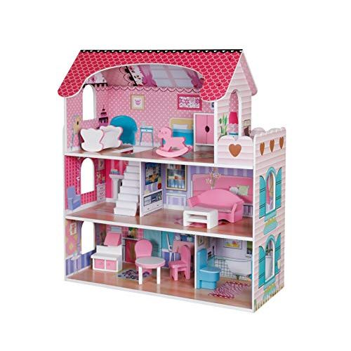  Pidoko Kids Wooden Dollhouse - Includes 12 Pcs Furniture Accessories