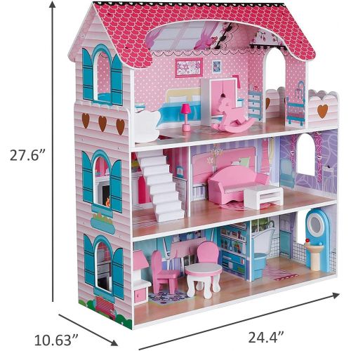  Pidoko Kids Wooden Dollhouse - Includes 12 Pcs Furniture Accessories