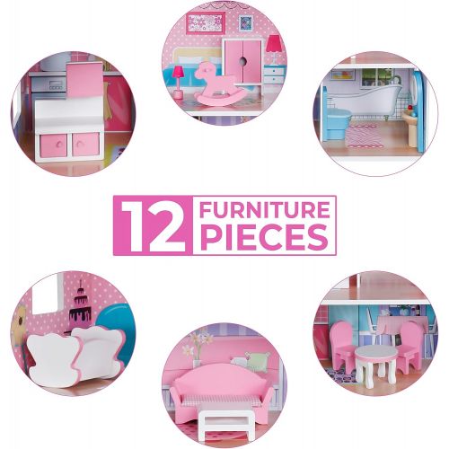  Pidoko Kids Wooden Dollhouse - Includes 12 Pcs Furniture Accessories