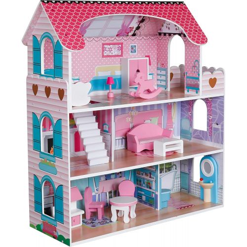  Pidoko Kids Wooden Dollhouse - Includes 12 Pcs Furniture Accessories