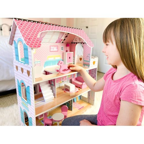  Pidoko Kids Wooden Dollhouse - Includes 12 Pcs Furniture Accessories