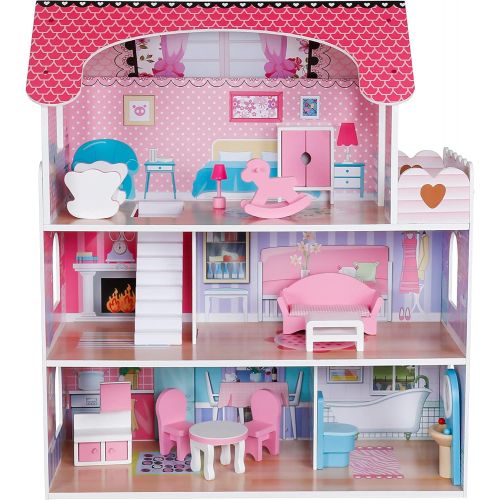  Pidoko Kids Wooden Dollhouse - Includes 12 Pcs Furniture Accessories