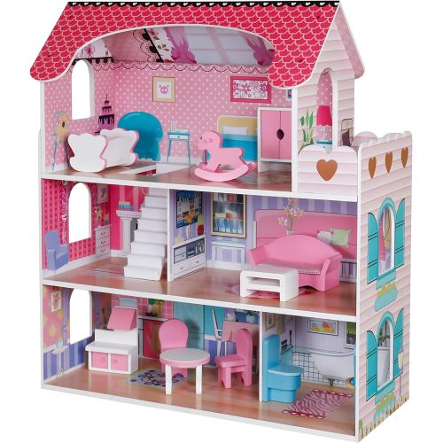  Pidoko Kids Wooden Dollhouse - Includes 12 Pcs Furniture Accessories