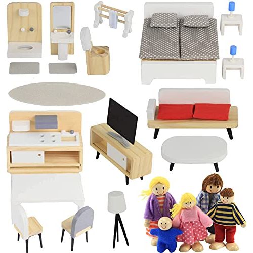  Pidoko Kids Wooden Dollhouse Furniture (33 Pcs) and 5 Family Dolls - DIY Accessories - Kitchen, Bathroom, Living Room, Bedroom