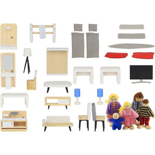  Pidoko Kids Wooden Dollhouse Furniture (33 Pcs) and 5 Family Dolls - DIY Accessories - Kitchen, Bathroom, Living Room, Bedroom