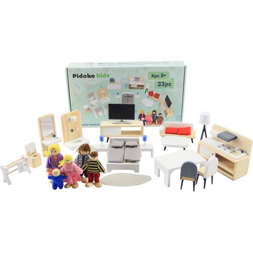  Pidoko Kids Wooden Dollhouse Furniture (33 Pcs) and 5 Family Dolls - DIY Accessories - Kitchen, Bathroom, Living Room, Bedroom