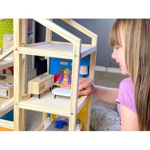  Pidoko Kids Wooden Dollhouse Furniture (33 Pcs) and 5 Family Dolls - DIY Accessories - Kitchen, Bathroom, Living Room, Bedroom