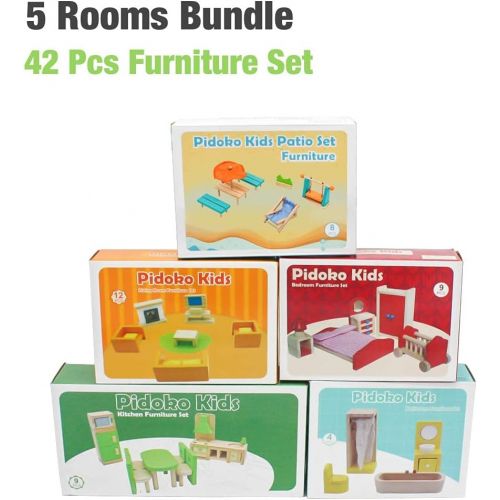  Pidoko Kids Dollhouse Furniture -Fully Furnished Bundle Set - (42 Pcs for 5 Rooms) - Wooden Toys