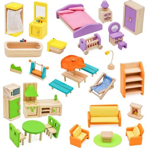  Pidoko Kids Dollhouse Furniture -Fully Furnished Bundle Set - (42 Pcs for 5 Rooms) - Wooden Toys