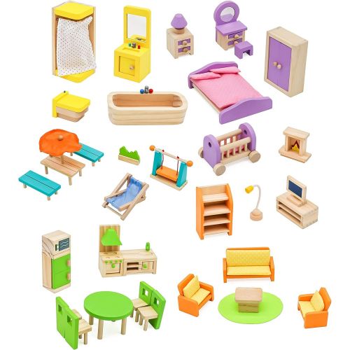  Pidoko Kids Dollhouse Furniture -Fully Furnished Bundle Set - (42 Pcs for 5 Rooms) - Wooden Toys