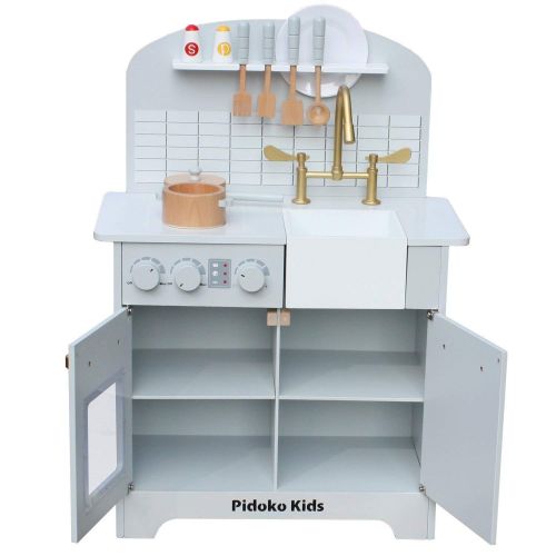  Pidoko Kids Play Kitchen, Grey Toy Kitchen Set with Accessories, Gray and Gold Limited Edition - Perfect for Boys and Girls