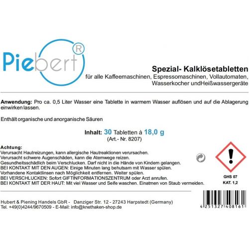  Piebert 30x Entkalkungstabletten fuer Kaffeevollautomaten | | Universell einsetzbar| Kalkloesetablette a 18g | Qualitat Made in Germany