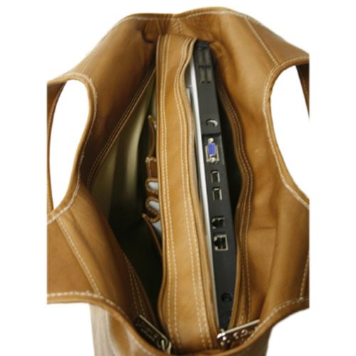  Piel Leather Laptop Hobo, Saddle, One Size