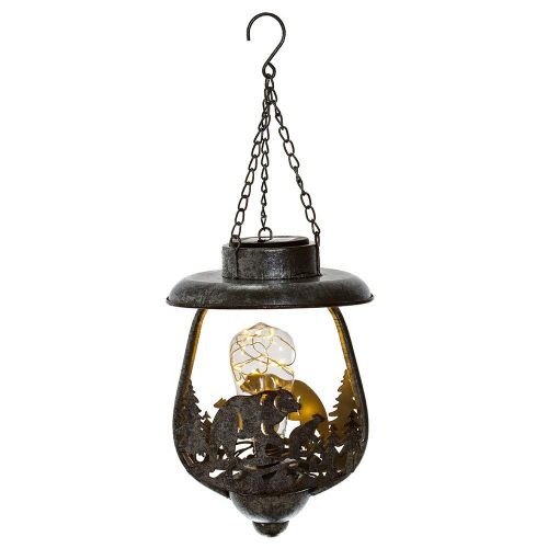  Bear LED Camping Lantern Lights Hanging Decorative - Metal Indoor Outdoor Lantern with Holder by Pine Ridge | Solar AA Rechargeable Battery | Flameless Home Decor | Halloween and C