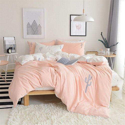  [아마존 핫딜]  [아마존핫딜]PinkMemory Single Duvet Cover Set Twin Kids Solid Color Cotton Bedding Set Ultra Soft Reversible Pink Peach Embroidered Cactus Design for Teens Adult