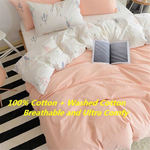  [아마존 핫딜]  [아마존핫딜]PinkMemory Single Duvet Cover Set Twin Kids Solid Color Cotton Bedding Set Ultra Soft Reversible Pink Peach Embroidered Cactus Design for Teens Adult