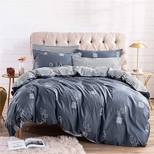  [아마존베스트]PinkMemory Queen Duvet Cover Cotton Cactus Bedding Set Gray Blue Reversible Cactus Printing Stripe Design Zipper Closure Corners Ties-Cactus,Queen