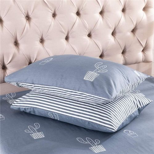  [아마존베스트]PinkMemory Queen Duvet Cover Cotton Cactus Bedding Set Gray Blue Reversible Cactus Printing Stripe Design Zipper Closure Corners Ties-Cactus,Queen