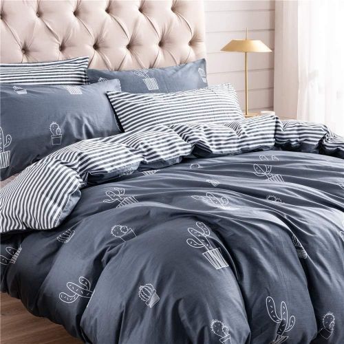  [아마존베스트]PinkMemory Queen Duvet Cover Cotton Cactus Bedding Set Gray Blue Reversible Cactus Printing Stripe Design Zipper Closure Corners Ties-Cactus,Queen