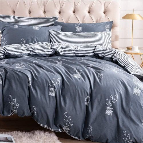  [아마존베스트]PinkMemory Queen Duvet Cover Cotton Cactus Bedding Set Gray Blue Reversible Cactus Printing Stripe Design Zipper Closure Corners Ties-Cactus,Queen