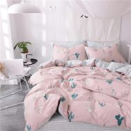 PinkMemory Twin Duvet Cover Cotton Bedding Set Pink Cactus Print Stripe Duvet Cover Reversible Girls Kids Bedding Collection with Pillow Cases
