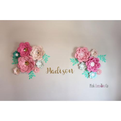  Pinklemonco Nursery name sign nursery name decal wall are nursery paper flowers nursery wall decor paper flower