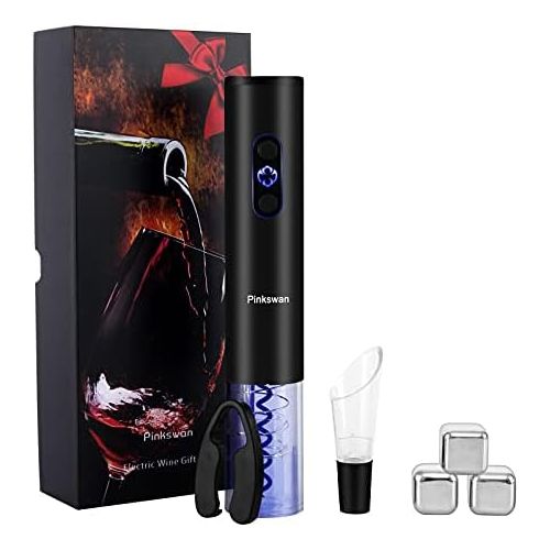  [아마존베스트]Pinkswan Wine Opener Electric Gift Set, Whiskey Stone Wine Lover Gifts with Wine Accessories of Automatic Corkscrew, Metal Ice Cube, Wine Pourer, Foil Cutter 4-in-1 set